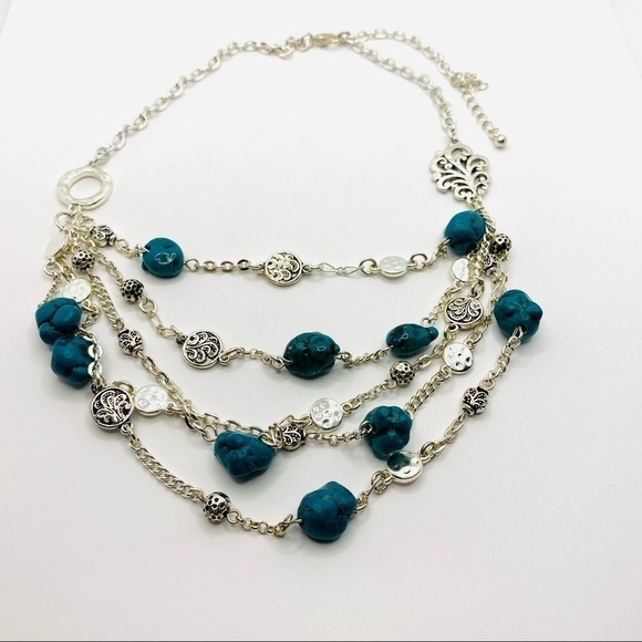 Necklace Faux Green Turquoise Nuggets Silver Tone 18”+2” Multi Strands - Picture 2 of 4